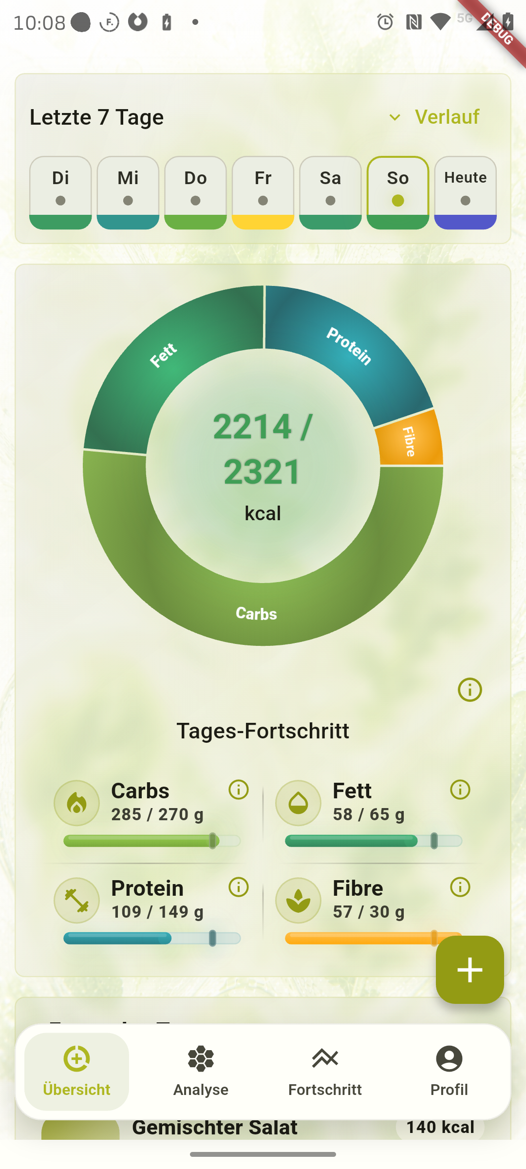Futter Übersicht mit Sieben-Tage-Verlauf, Kalorienring und Tagesfortschritt für Kohlenhydrate, Fett, Protein und Ballaststoffe